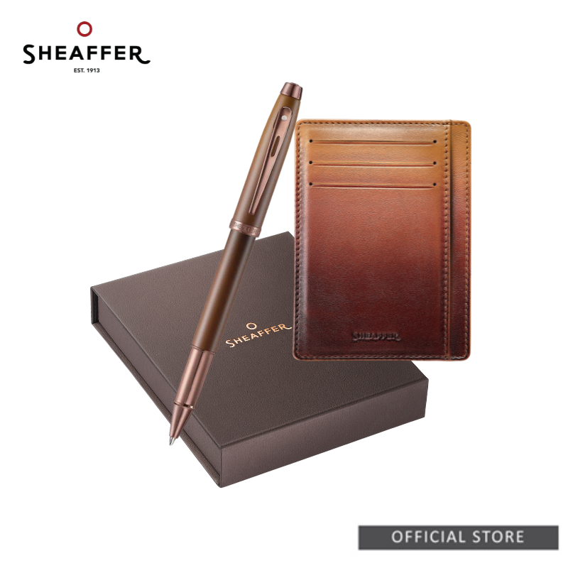 Sheaffer 100 9374 Coffee Edition Matt Brown Rollerball Pen/Ballpoint Pen + Credit Card Holder Set