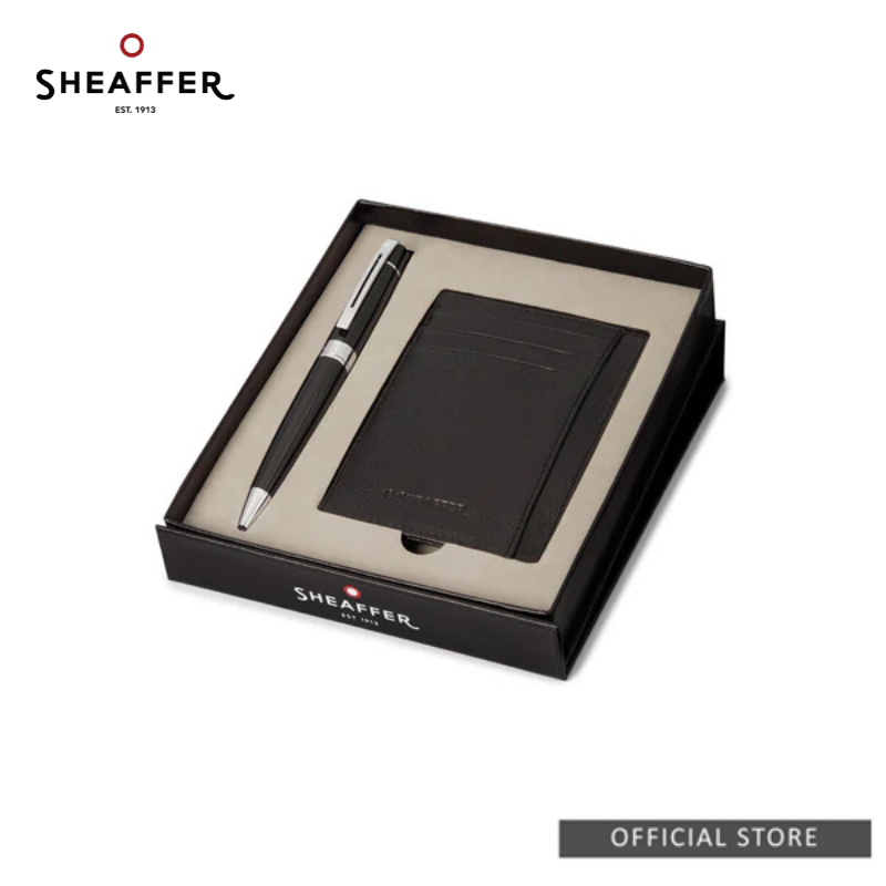 Sheaffer® Glossy Black 300 Ballpoint Pen with Chrome Trims and Credit Card Holder Gift Set