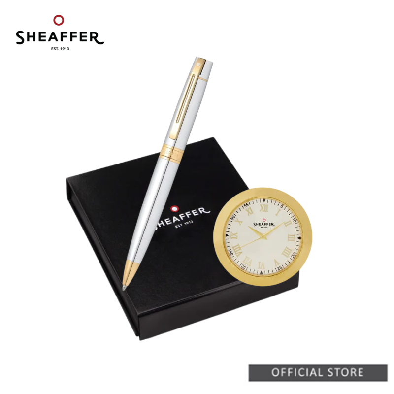 Sheaffer 300 9342 Bright Chrome with Gold Trim Ballpoint Pen with Table Clock