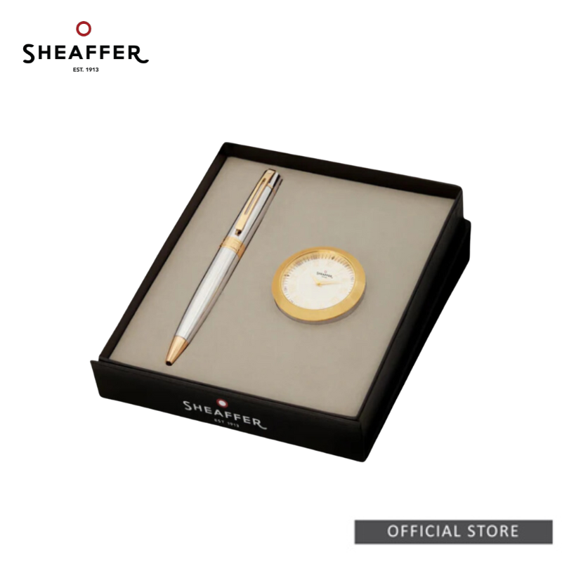 Sheaffer 300 9342 Bright Chrome with Gold Trim Ballpoint Pen with Table Clock