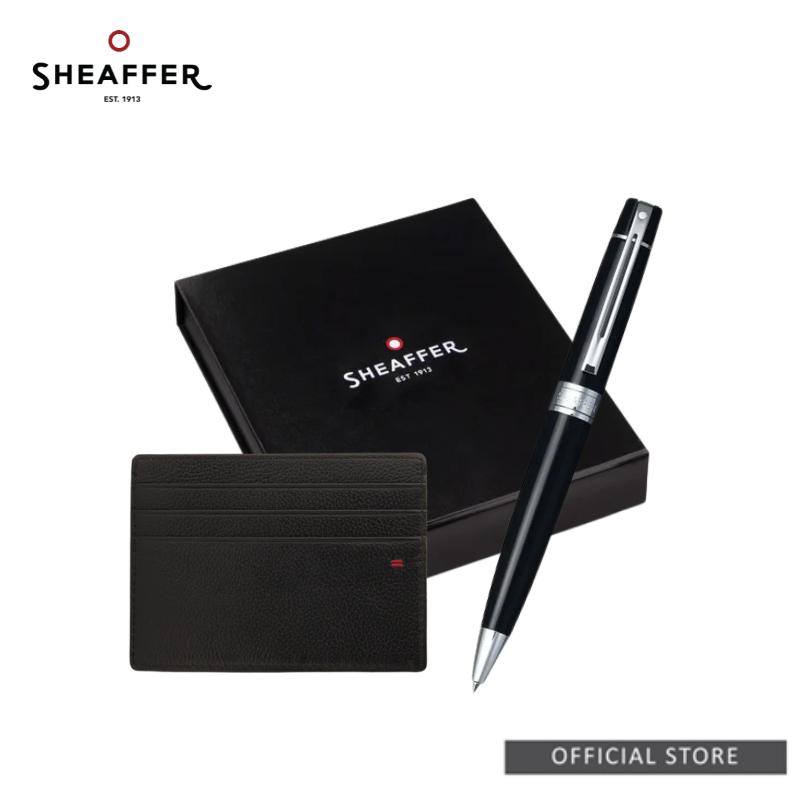 Sheaffer® Glossy Black 300 Ballpoint Pen with Chrome Trims and Credit Card Holder Gift Set